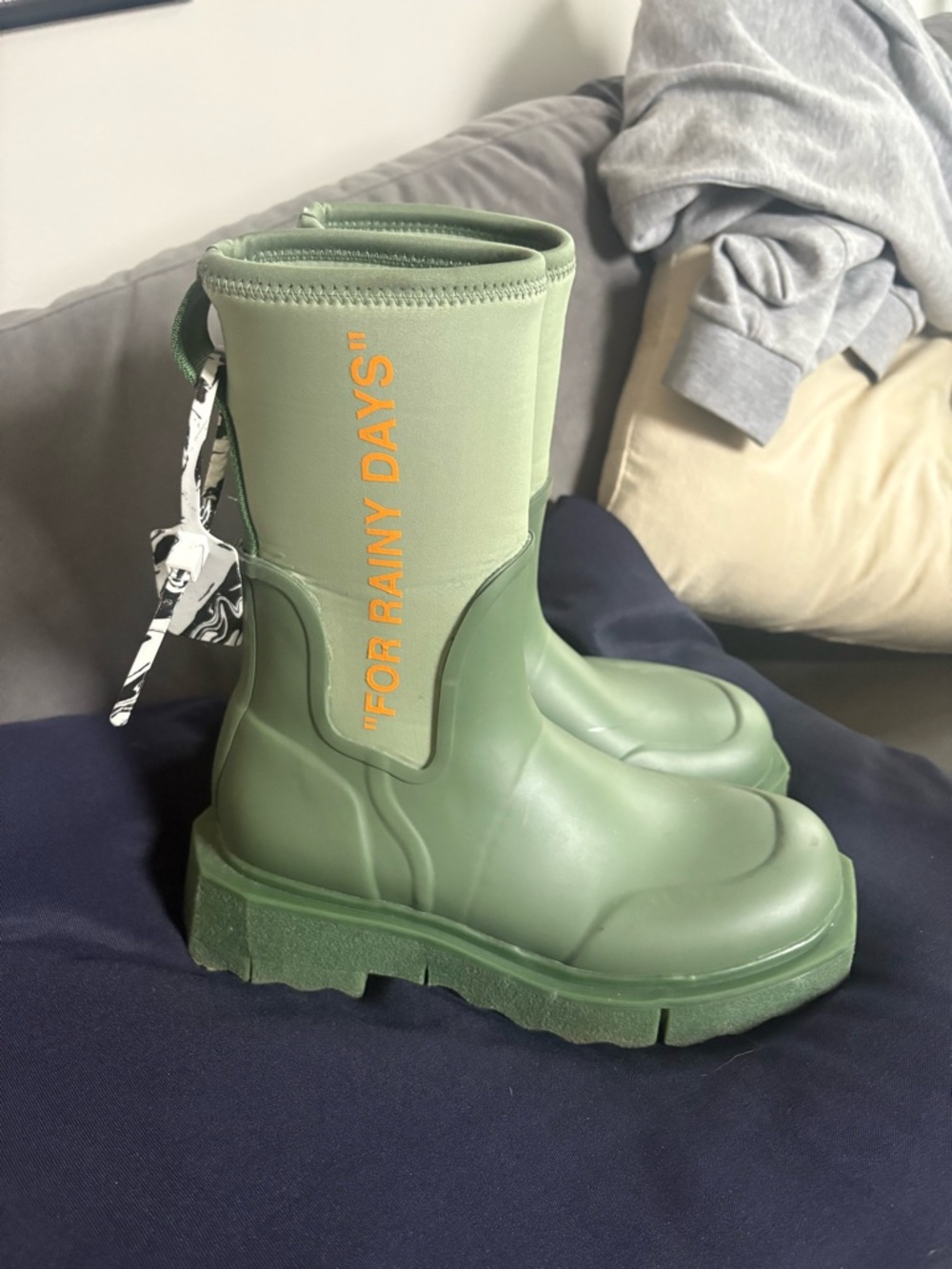OFF WHITE Olive Green Waterproof Rain Boots - "FOR RAINY DAYS"